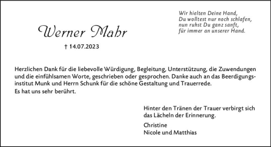 Traueranzeige von Werner Mahr von Hochheimer Zeitung