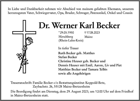 Traueranzeige von Werner Karl Becker von Allgemeine Zeitung Mainz
