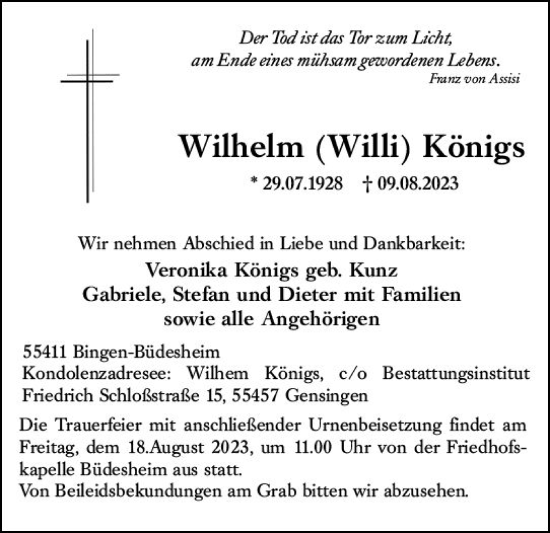 Traueranzeige von Wilhelm Königs von Allgemeine Zeitung Bingen/Ingelheim