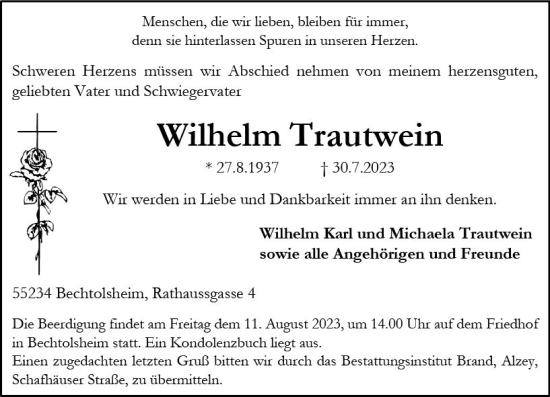 Traueranzeige von Wilhelm Trautwein von Allgemeine Zeitung Alzey