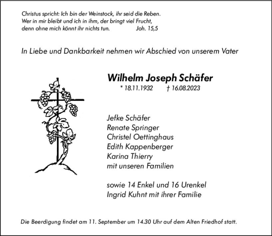 Traueranzeige von Wilhelm Joseph Schäfer von Hochheimer Zeitung