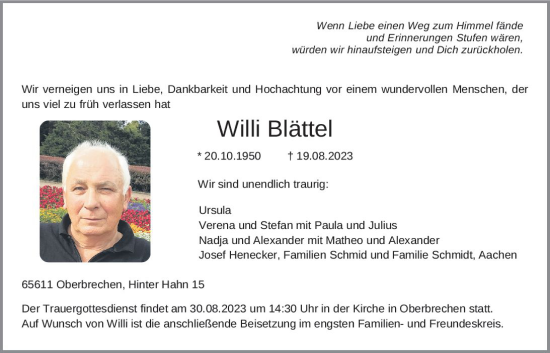 Traueranzeige von Willi Blättel von Nassauische Neue Presse