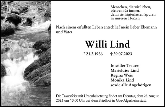Traueranzeige von Willi Lind von Allgemeine Zeitung Mainz
