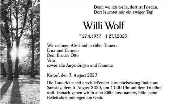 Traueranzeige von Willi Wolf von VRM Trauer