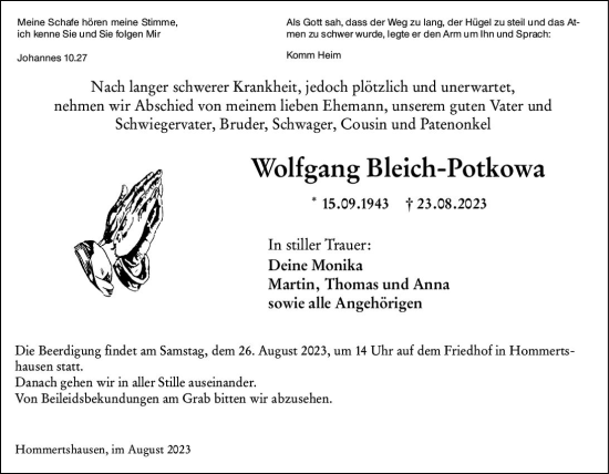 Traueranzeige von Wolfgang Bleich-Potkowa von Hinterländer Anzeiger