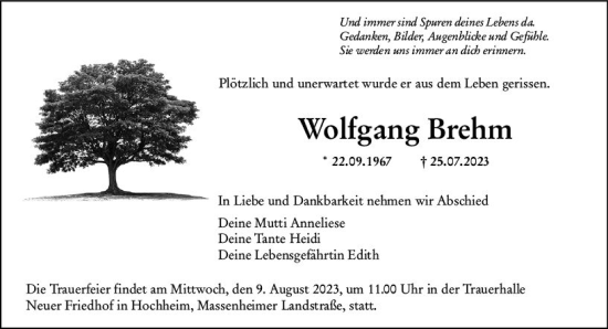 Traueranzeige von Wolfgang Brehm von Hochheimer Zeitung