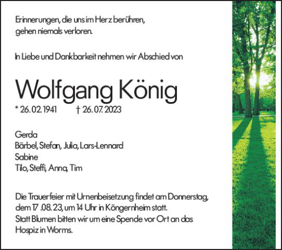 Traueranzeige von Wolfgang König von Allgemeine Zeitung Mainz