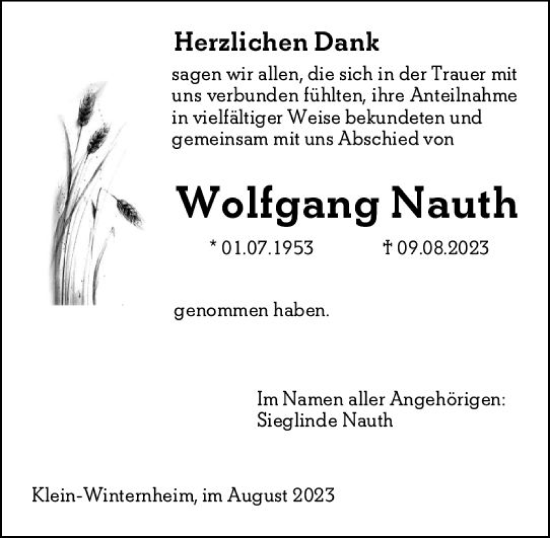 Traueranzeige von Wolfgang Nauth von Allgemeine Zeitung Mainz
