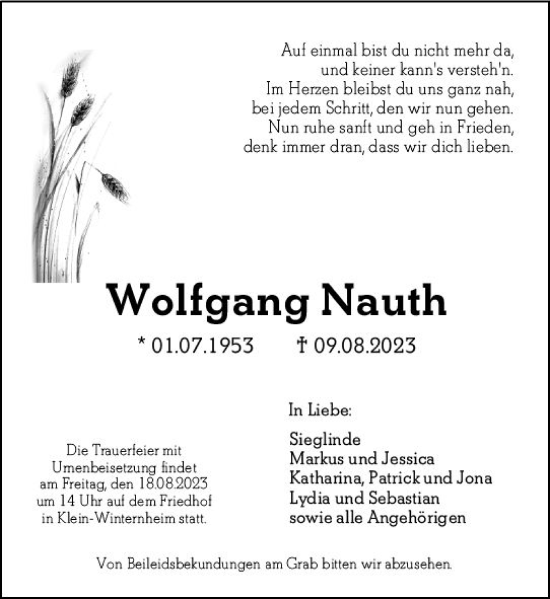 Traueranzeige von Wolfgang Nauth von Allgemeine Zeitung Mainz