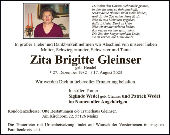Traueranzeige von Zita Brigitte Gleinser von Allgemeine Zeitung Mainz