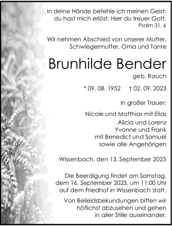 Traueranzeige von Brunhilde Bender von Dill Block
