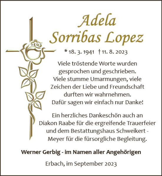 Traueranzeige von Adela Sorribas Lopez von Odenwälder Echo