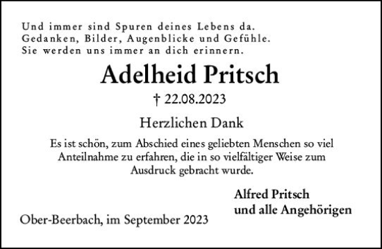 Traueranzeige von Adelheid Pritsch von Darmstädter Echo