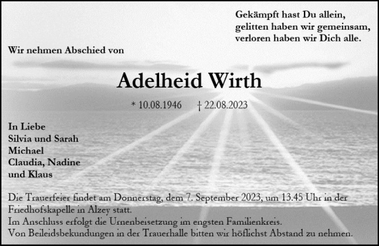Traueranzeige von Adelheid Wirth von Allgemeine Zeitung Alzey