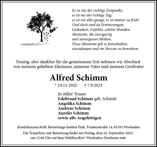Traueranzeige von Alfred Schimm von Wiesbadener Kurier
