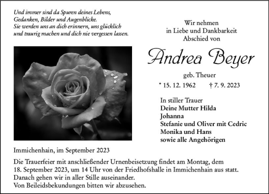 Traueranzeige von Andrea Beyer von Oberhessen Kurier