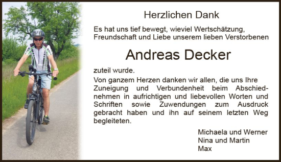 Traueranzeige von Andreas Decker von Dieburger Anzeiger/Groß-Zimmerner Lokal-Anzeiger