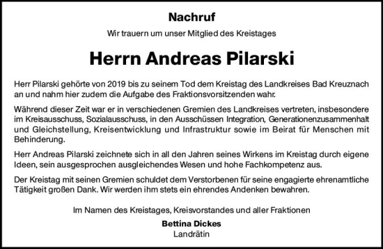 Traueranzeige von Andreas Pilarski von Allgemeine Zeitung Bad Kreuznach