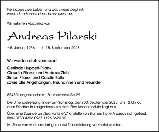 Traueranzeige von Andreas Pilarski von Allgemeine Zeitung Bad Kreuznach