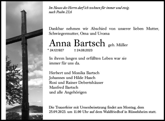 Traueranzeige von Anna Bartsch von Rüsselsheimer Echo