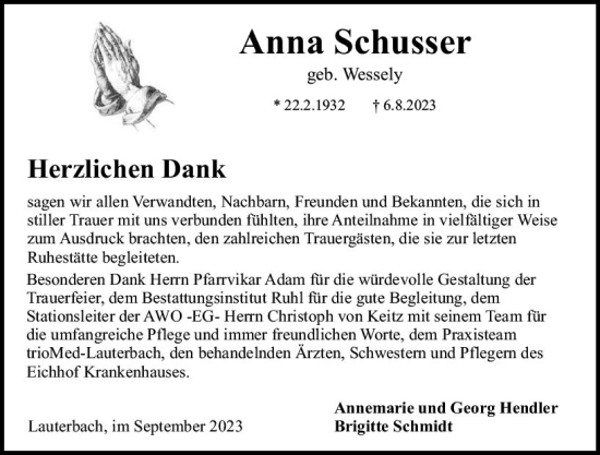 Traueranzeige von Anna Schusser von VRM Trauer