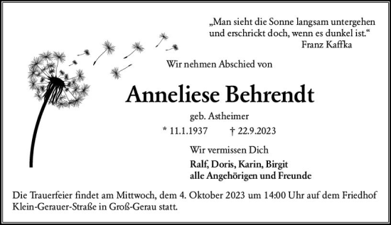 Traueranzeige von Anneliese Behrendt von Groß-Gerauer Echo
