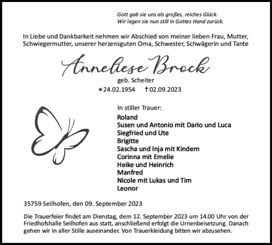 Traueranzeige von Anneliese Brock von Dill Block
