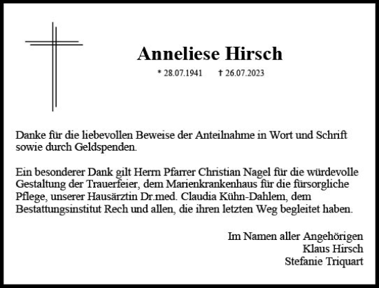 Traueranzeige von Anneliese Hirsch von Allgemeine Zeitung Mainz
