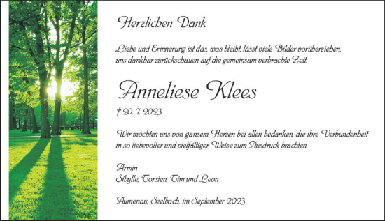 Traueranzeige von Anneliese Klees von Weilburger Tageblatt