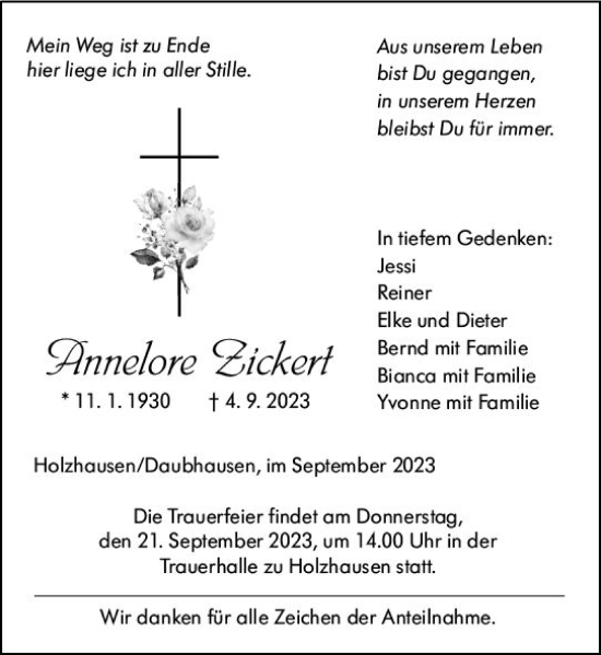Traueranzeige von Annelore Zickert von Wetzlarer Neue Zeitung