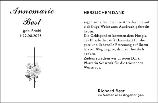 Traueranzeige von Annemarie Best von Groß-Gerauer Echo