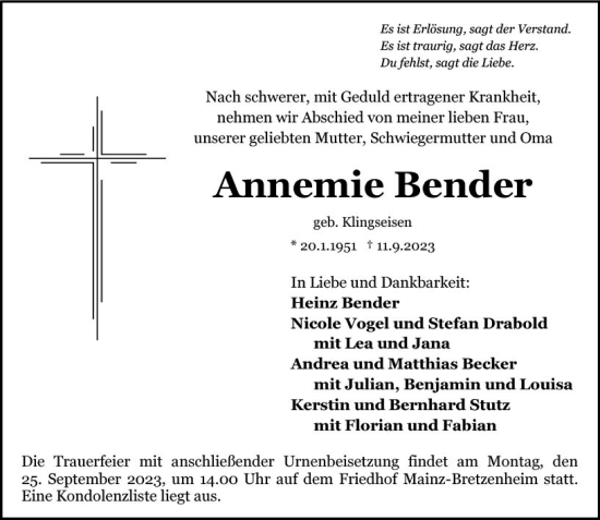 Traueranzeige von Annemie Bender von Allgemeine Zeitung Mainz