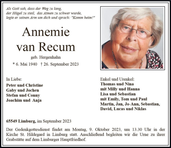 Traueranzeige von Annemie van Recum von Nassauische Neue Presse