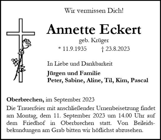 Traueranzeige von Annette Eckert von Camberger Anzeiger
