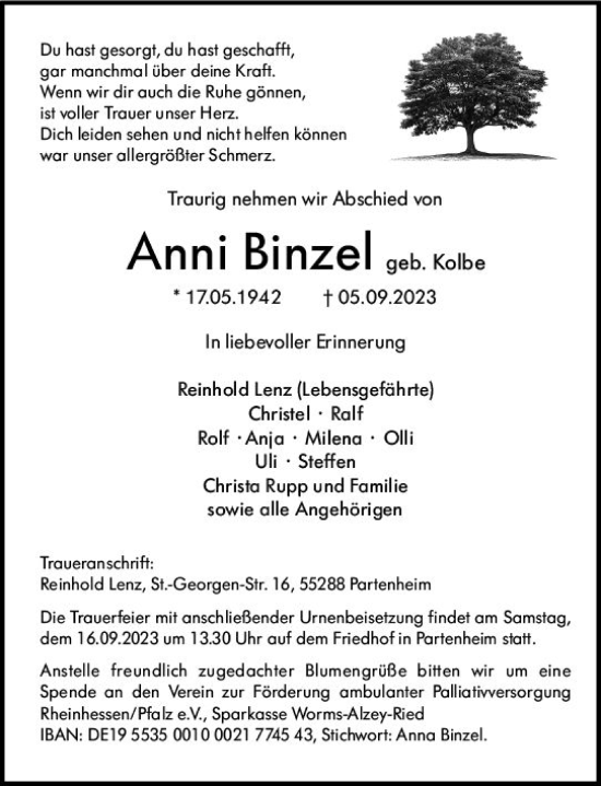 Traueranzeige von Anni Binzel von Allgemeine Zeitung Bingen/Ingelheim