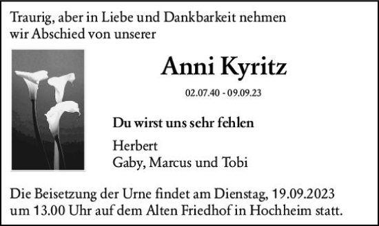 Traueranzeige von Anni Kyritz von Hochheimer Zeitung