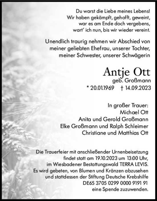 Traueranzeige von Antje Ott von Wiesbadener Kurier