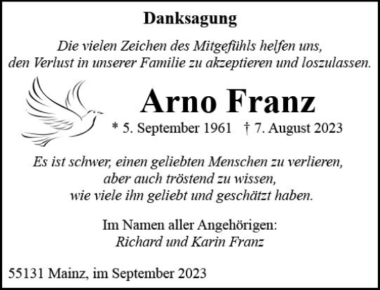 Traueranzeige von Arno Franz von Allgemeine Zeitung Mainz