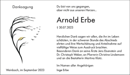 Traueranzeige von Arnold Erbe von Weilburger Tageblatt