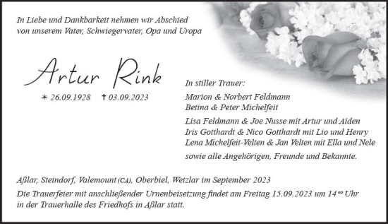 Traueranzeige von Artur Rink von Wetzlarer Neue Zeitung