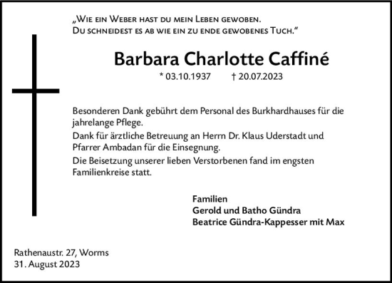 Traueranzeige von Barbara Charlotte Caffine von Wormser Zeitung