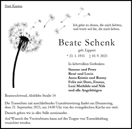 Traueranzeige von Beate Schenk von Oberhessen Kurier