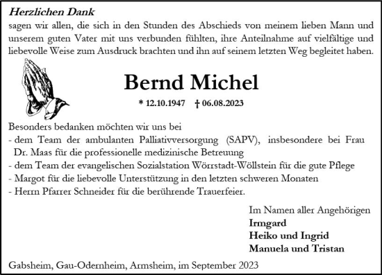Traueranzeige von Bernd Michel von Allgemeine Zeitung Alzey