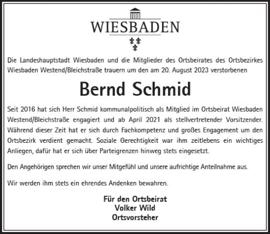 Traueranzeige von Bernd Schmid von Wiesbadener Kurier