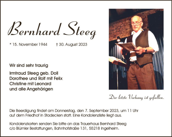 Traueranzeige von Bernhard Steeg von Allgemeine Zeitung Mainz