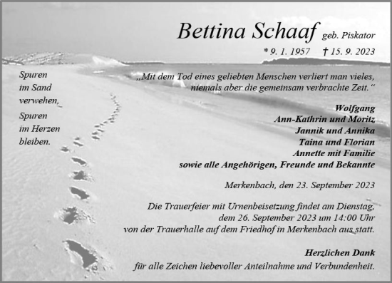 Traueranzeige von Bettina Schaaf von Dill Block