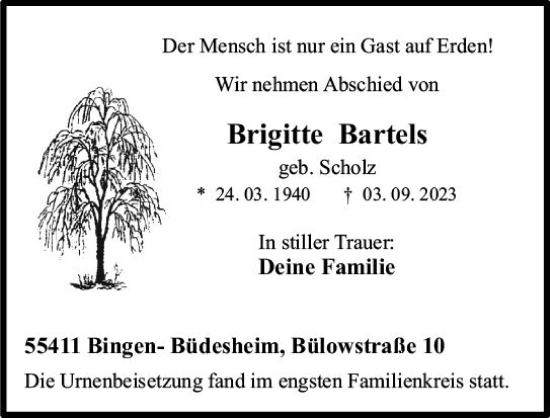 Traueranzeige von Brigitte Bartels von Allgemeine Zeitung Bingen/Ingelheim
