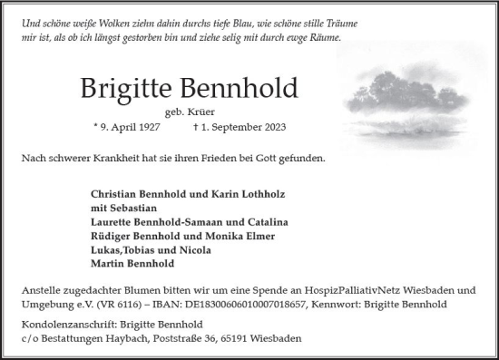 Traueranzeige von Brigitte Bennhold von Wiesbadener Kurier
