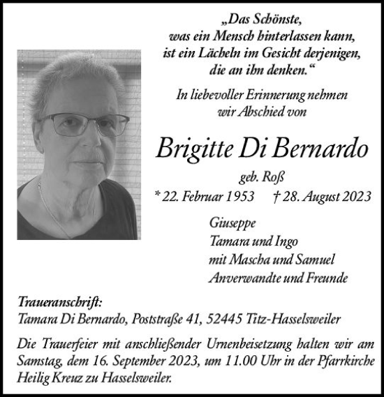 Traueranzeige von Brigitte Di Bernardo von Darmstädter Echo