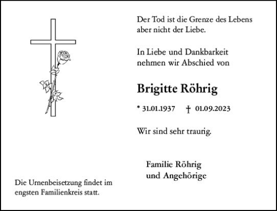 Traueranzeige von Brigitte Röhrig von Darmstädter Echo